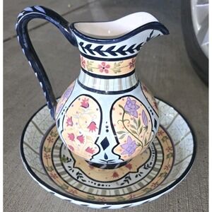 Capriware hand painted Pitcher 3 qt. Capacity & Bowl Ceramic. Floral design